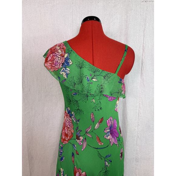 Roz & Ali Green One Shoulder Dress Sz 4 Asymmetrical Floral Spring Summer E110 - Picture 6 of 13